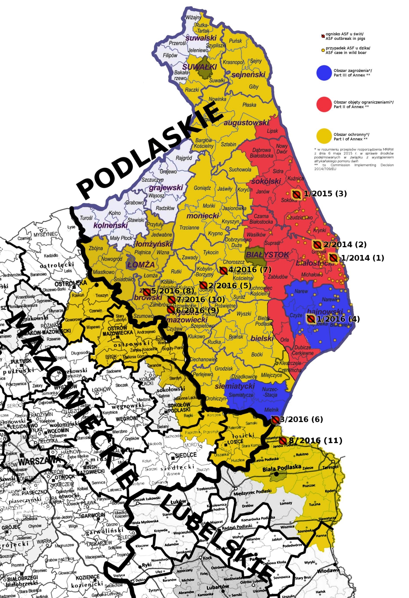 ogniska ASF mapa 12.08.2016