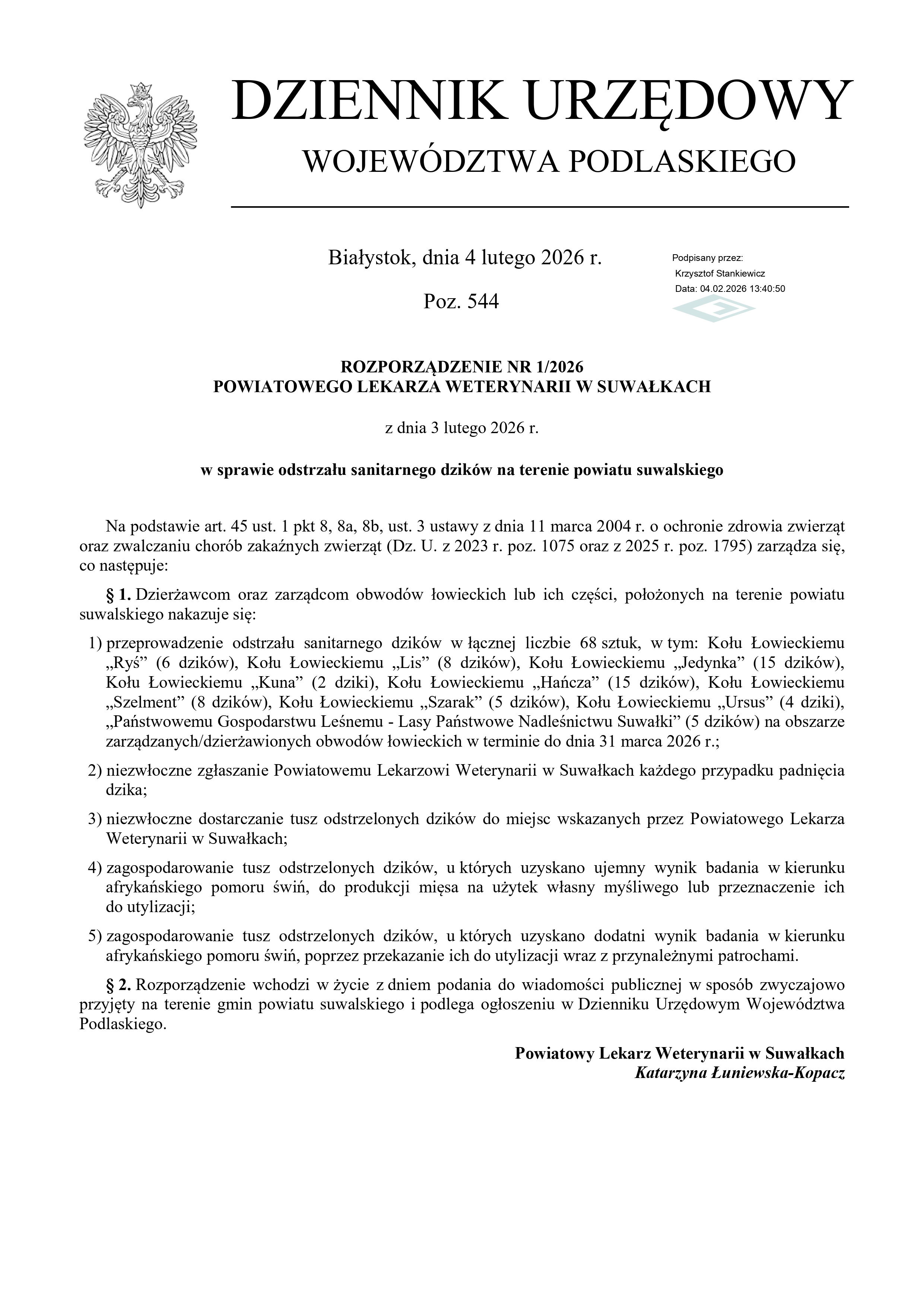 Rozporządzenie nr 1/2025 Powiatowego Lekarza Weterynarii w Suwałkach z dnia 23 stycznia 2025 r. w sprawie odstrzału sanitarnego dzików na terenie powiatu suwalskiego