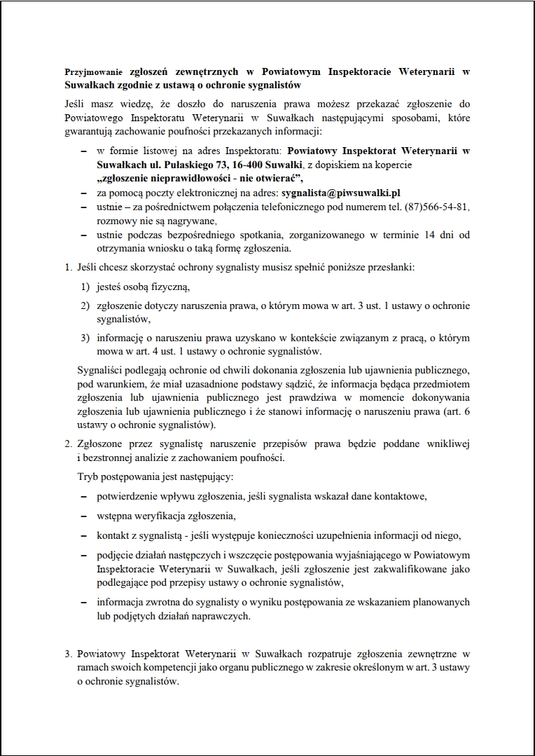 Procedura przyjmowania zewnętrznych zgłoszeń naruszenia prawa w PIW Suwałki